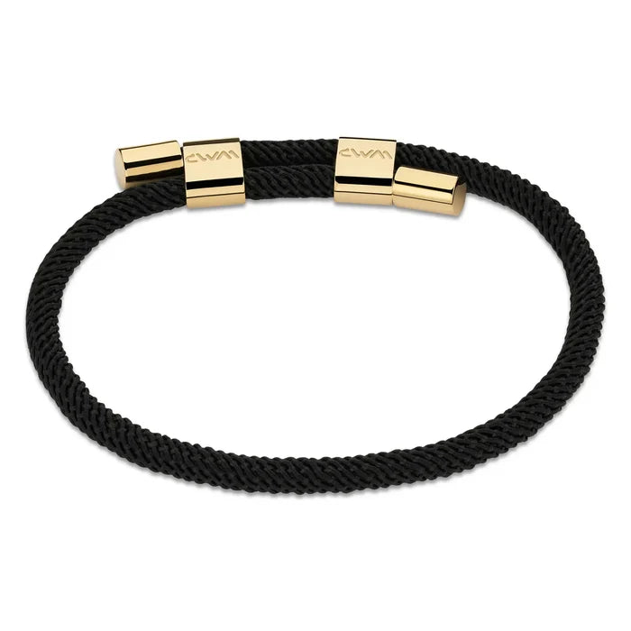Onyx Black / Gold || Minimalist Gold Men's Bracelet with Black Rope Adjustable Detail on a white background.