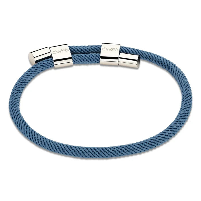 Denim Blue / Silver || Minimalist Silver Men's Bracelet with Blue Rope Adjustable Detail on a white background.