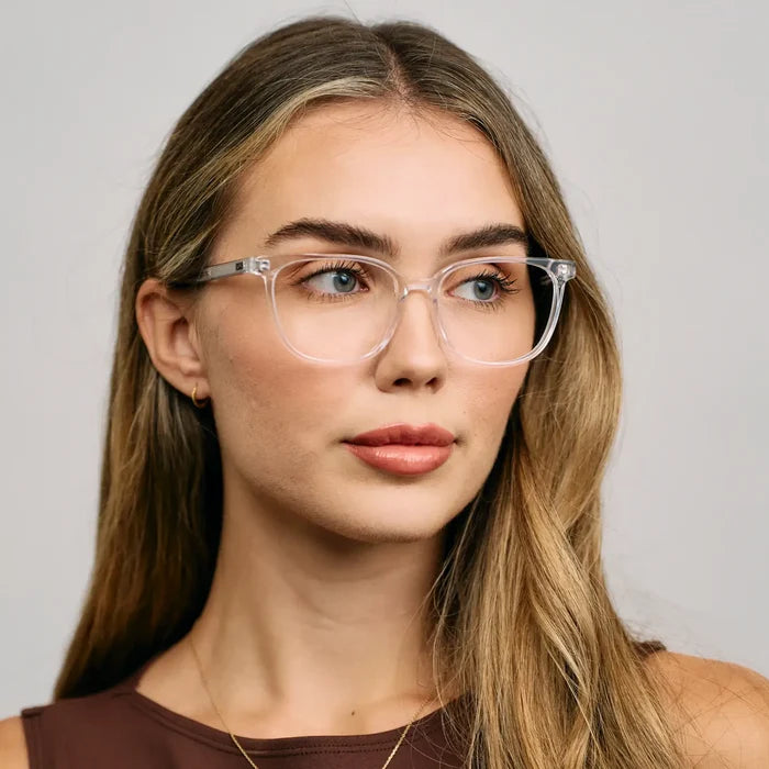 Clear || Model wearing Women's Rectangular Prescription Glasses with a Clear Acetate Frame and Clear Lens