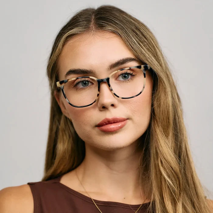 Beige Tortoise || Model wearing Women's Rectangular Prescription Glasses with a Beige Tortoise Acetate Frame and Clear Lens