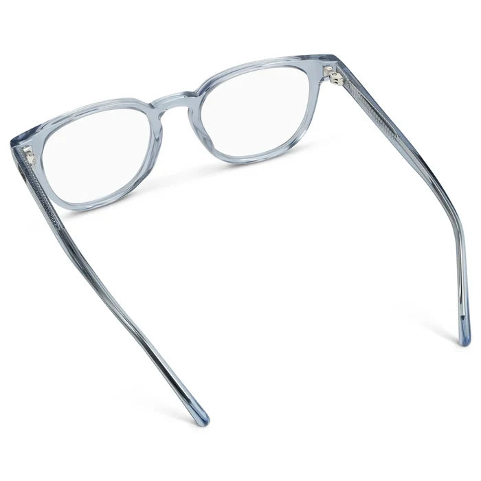 Denim Blue || Back view of Men's Square Blue Light Blocking Glasses with Denim Blue Acetate Frame and Clear Lens on a white background