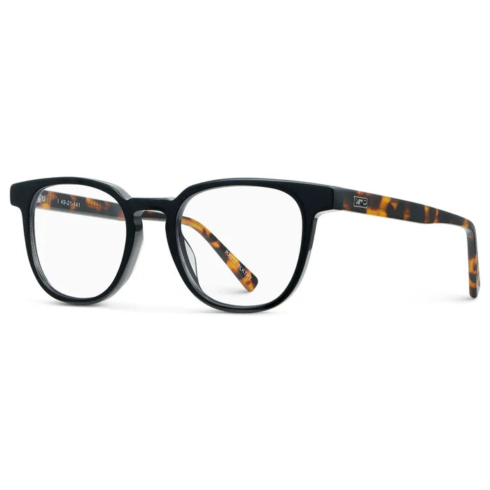 Black Autumn Tortoise || Side view of Men's Square Eyeglasses with Black Autumn Tortoise Acetate Frame and Clear Prescription Lens on a white background