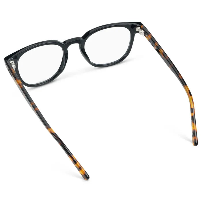 Black Autumn Tortoise || Back view of Men's Square Eyeglasses with Black Autumn Tortoise Acetate Frame and Clear Prescription Lens on a white background
