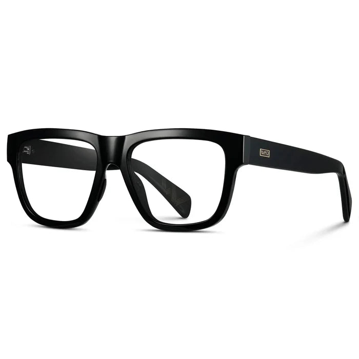 Black || Side view of Men's Square Prescription Classes with Black Frame and Clear Lenses on a white background
