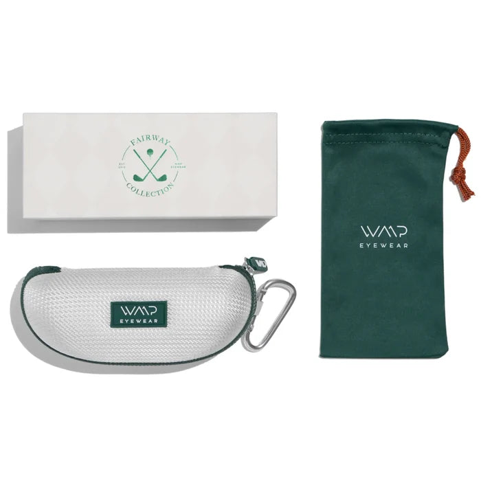 Crystal Saguaro Green || Golf packaging with white box, white hard shell green zipper case and green microfiber pouch