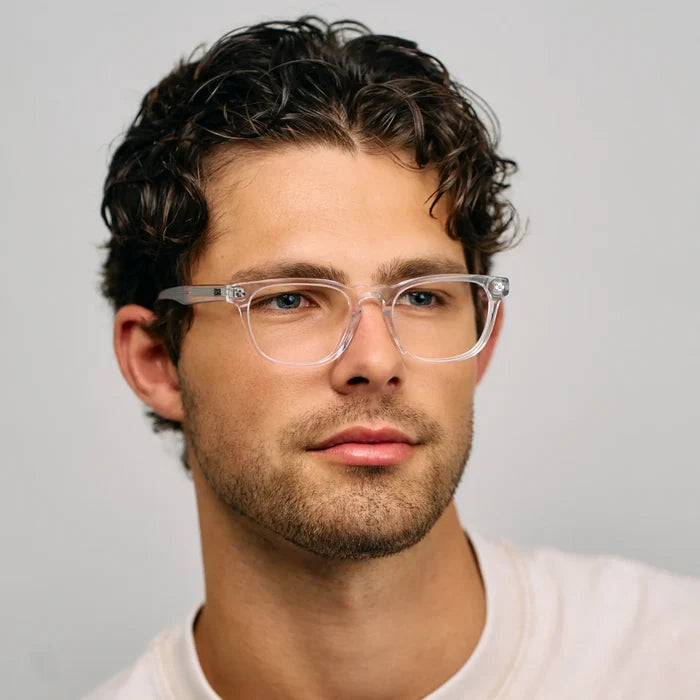 Clear || Male Model wearing Men's Rectangular Blue Light Blocking Glasses with Clear Acetate Frame and Clear Lens