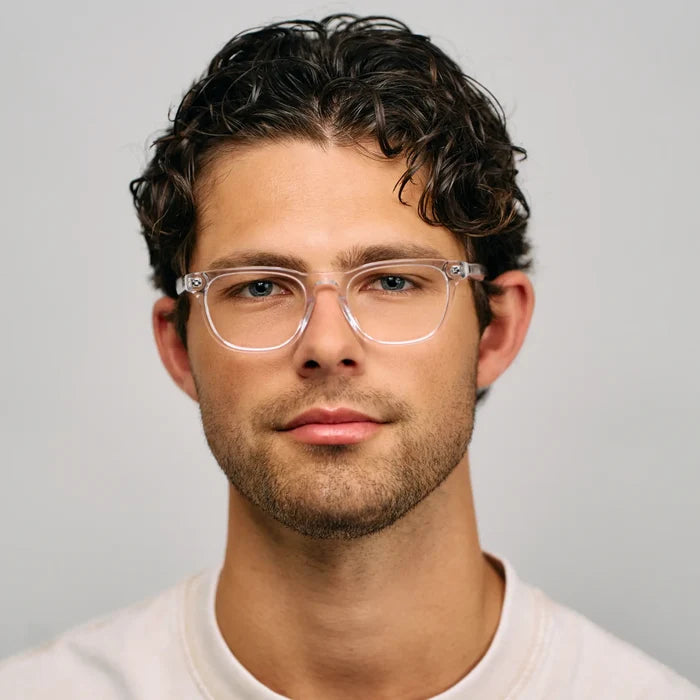 Clear || Male Model wearing Men's Rectangular Blue Light Blocking Glasses with Clear Acetate Frame and Clear Lens