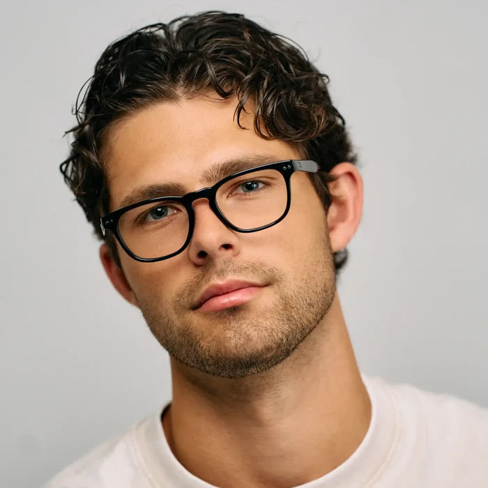 Black || Men's Rectangular Prescription Glasses with Black Acetate Frame and Clear Lens