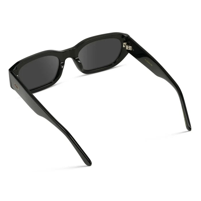 Black / Grey || Back view of Women's Rectangular Cat-Eye Prescription Sunglasses with Black Acetate Frame and Grey Lens on a white background