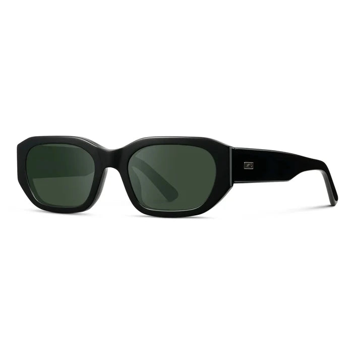 Black / G15 || Side view of Women's Rectangular Cat-Eye Prescription Sunglasses with Black Acetate Frame and Green Lens on a white background