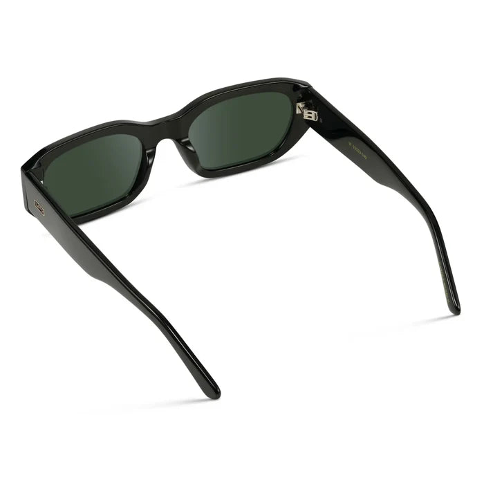 Black / G15 || Back view of Women's Rectangular Cat-Eye Prescription Sunglasses with Black Acetate Frame and Green Lens on a white background