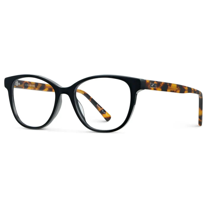 Black Autumn Tortoise || Side view of Women's Cat-Eye Eyeglasses with Black Autumn Tortoise Acetate Frame and Clear Prescription Lens on a white background