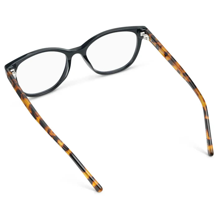 Black Autumn Tortoise || Back view of Women's Cat-Eye Eyeglasses with Black Autumn Tortoise Acetate Frame and Clear Prescription Lens on a white background