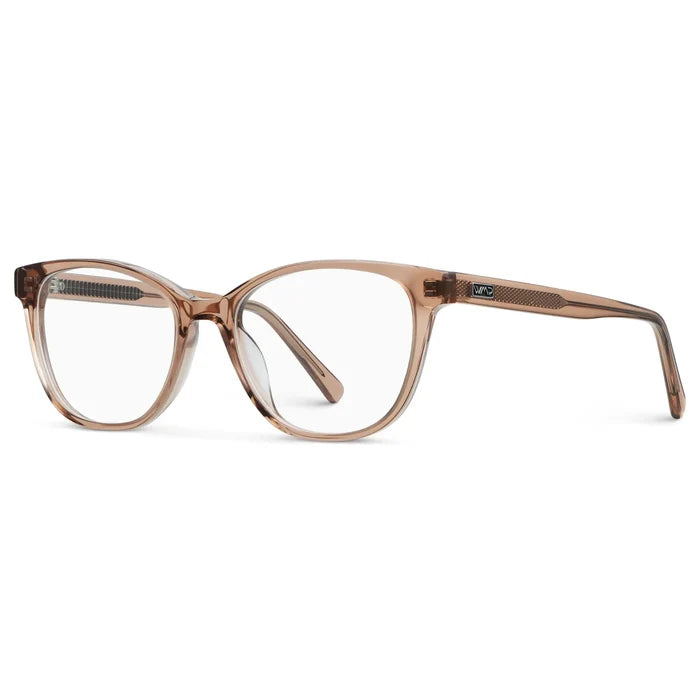 Light Brown || Side view of Women's Cat-Eye Eyeglasses with Light Brown Acetate Frame and Clear Prescription Lens on a white background