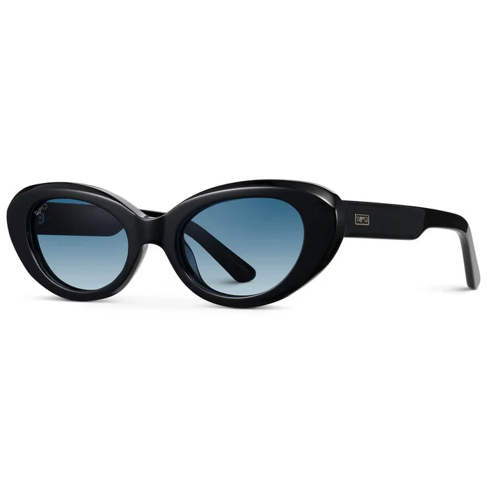 Black / Gradient Light Blue Lens || Women's polarized rounded cat-eye sunglasses with Black Acetate Frame and Gradient Light Blue Lens