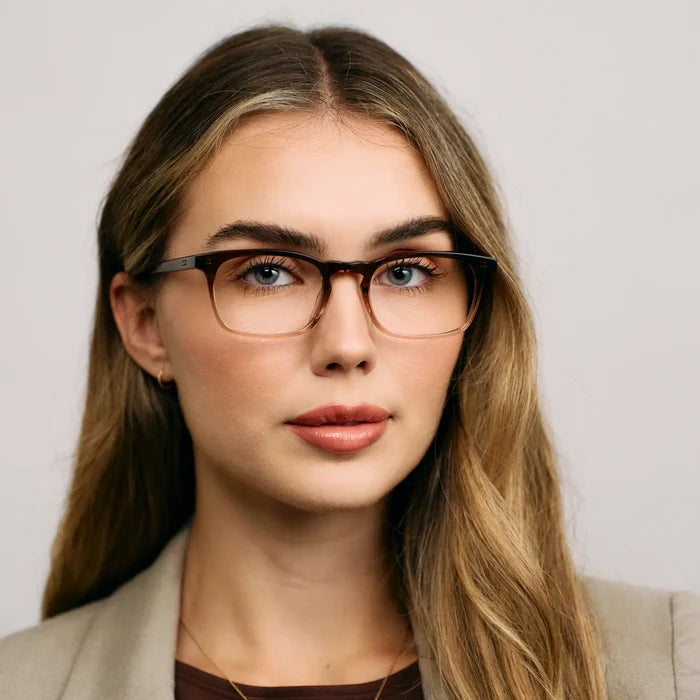 Acacia Brown || Female Model wearing Women's Rectangular Blue Light Blocking Glasses with a Acacia Brown Acetate Frame and Clear Lens