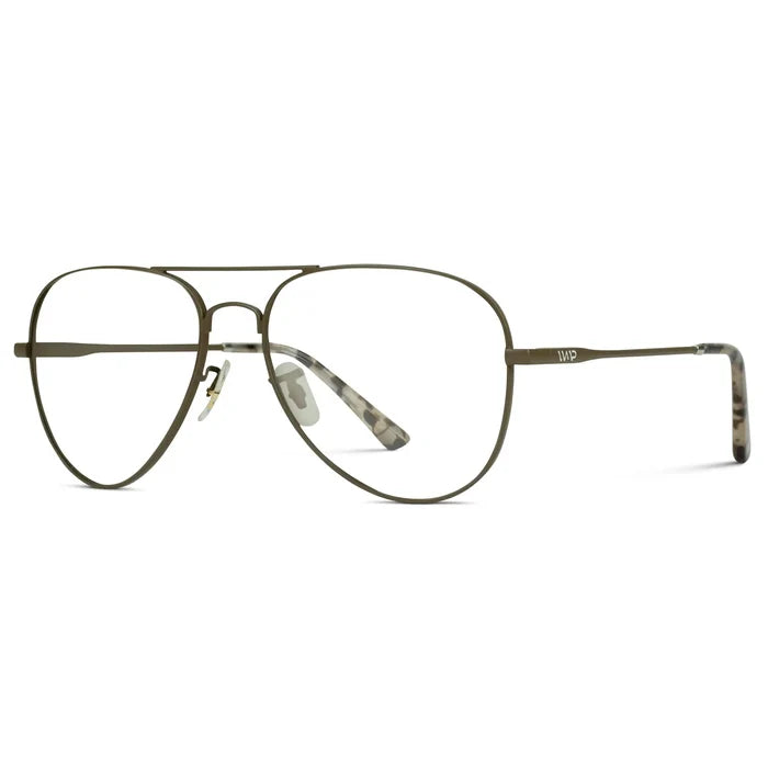Woodland || Side view of Men's Double Bridge Aviator Prescription Eyeglasses with Brown Metal Frame and Clear Lenses on a white background