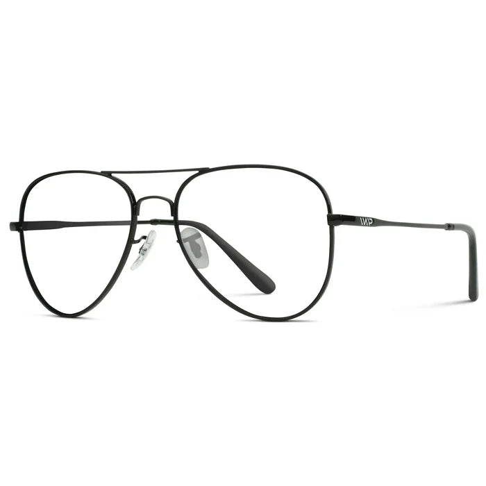 Full Black || Side view of Men's Double Bridge Aviator Prescription Eyeglasses with Black Metal Frame and Clear Lenses on a white background