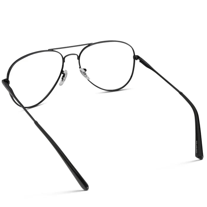 Full Black || Back view of Men's Double Bridge Aviator Prescription Eyeglasses with Black Metal Frame and Clear Lenses on a white background