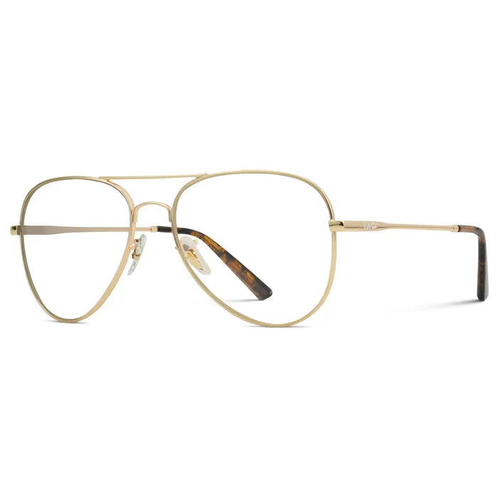 Gold Frame || Side view of Men's Double Bridge Aviator Prescription Eyeglasses with Gold Metal Frame and Clear Lenses on a white background