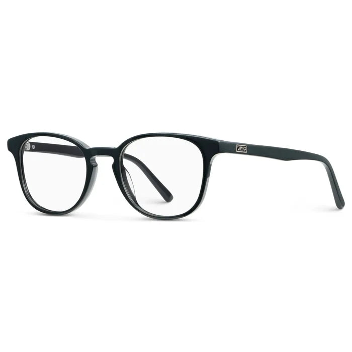 Black || Side view of Unisex Blue Light Blocking Glasses with Black Acetate Frame and Clear Lens on a white background