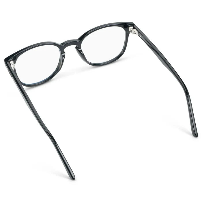 Black || Back view of Unisex Blue Light Blocking Glasses with Black Acetate Frame and Clear Lens on a white background