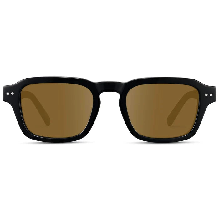 Black / Amber || Men's Rectangular Prescription Sunglasses with Black Acetate Frame and Brown Prescription Lens