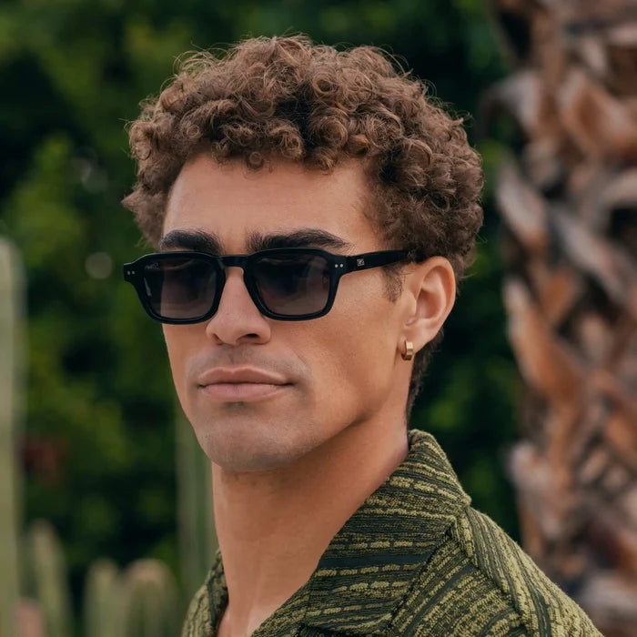 Black / Amber || Men's Rectangular Prescription Sunglasses with Black Acetate Frame and Brown Prescription Lens