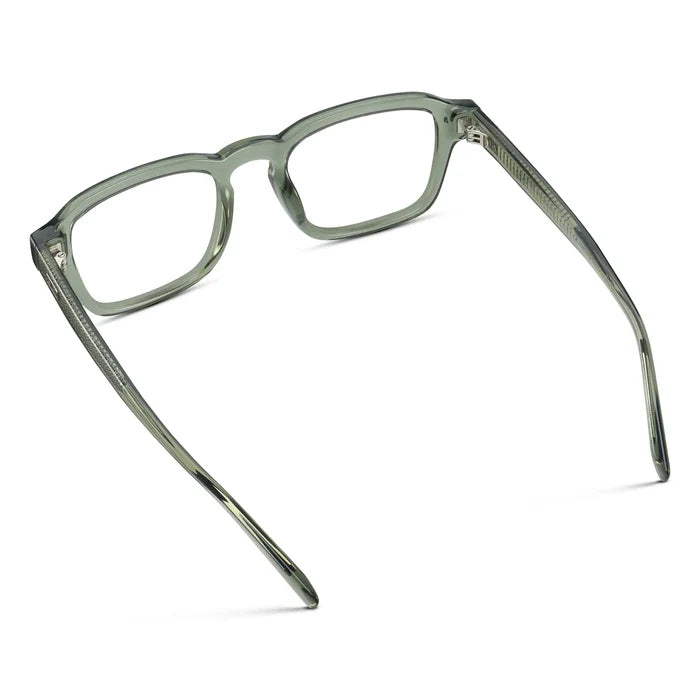 Sage Green || Back view of Men's Rectangular Prescription Eyeglasses with Sage Green Acetate Frame and Clear Prescription Lenses on a white background