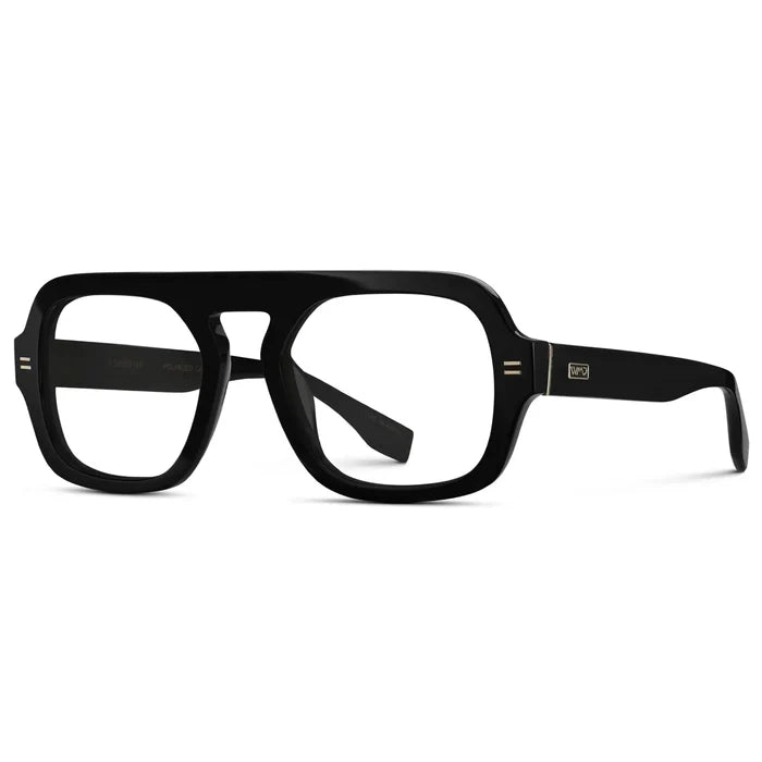 Black || Side view of Women's Oversized Aviator Prescription Eyeglasses with Black Frame and Clear Lenses on a white background
