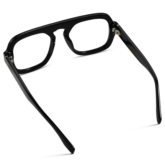 Black || Back view of Women's Oversized Aviator Prescription Eyeglasses with Black Frame and Clear Lenses on a white background