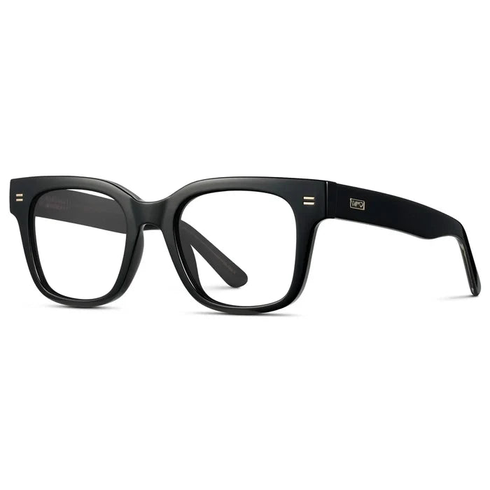 Black || Side view of Men's Square Prescription Glasses with Black Frames and Clear Lenses on a white background