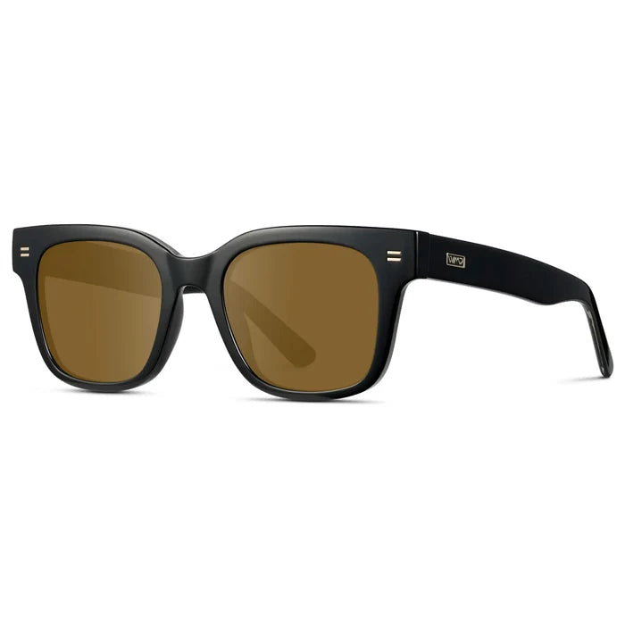 Black / Amber || Side view of Men's Square Frame Prescription Sunglasses with Black Frame and Brown Lenses