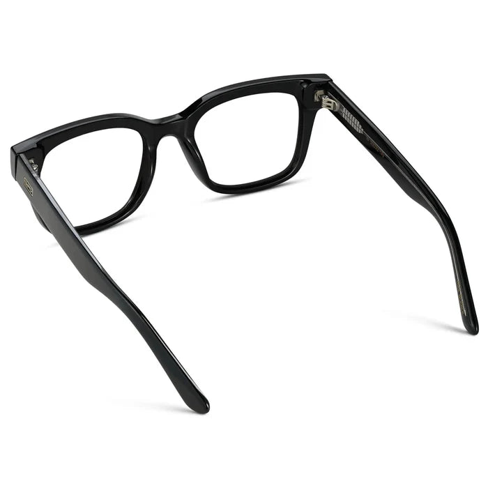 Black || Back view of Men's Square Prescription Glasses with Black Frames and Clear Lenses on a white background
