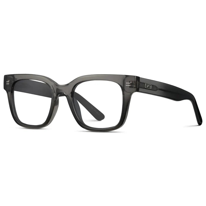 Black Ice Fade || Side view of Men's Square Prescription Glasses with Black Ice Fade Frames and Clear Lenses on a white background