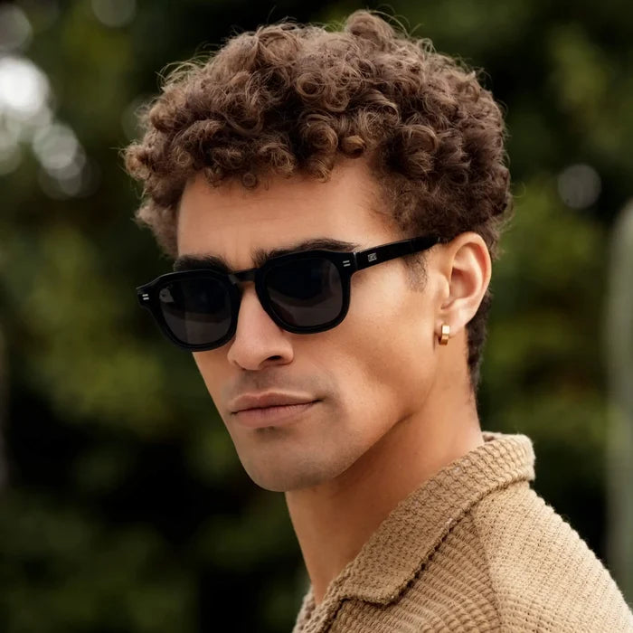 Men's Geometric Square Polarized Sunglasses with Black Acetate Frame and Black Lens