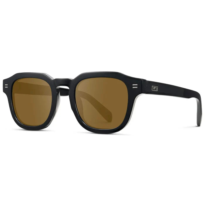 Black / Amber || Side view of Men's Square Prescription Eyeglasses with Black Acetate Frame and Brown Prescription Lens