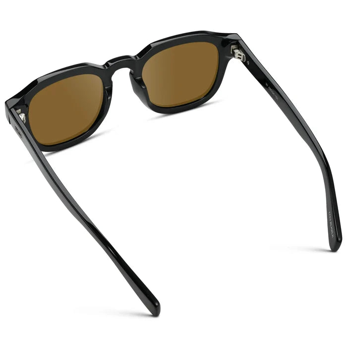 Black / Amber || Back view of Men's Square Prescription Eyeglasses with Black Acetate Frame and Brown Prescription Lens