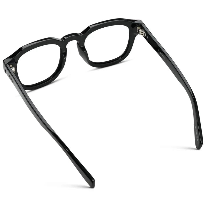 Black || Back view of Men's Square Prescription Eyeglasses with Black Acetate Frame and Clear Prescription Lens on a white background