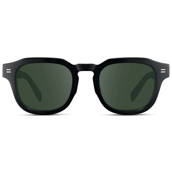 Black / G15 || Front view of Men's Square Prescription Eyeglasses with Black Acetate Frame and Green Prescription Lens