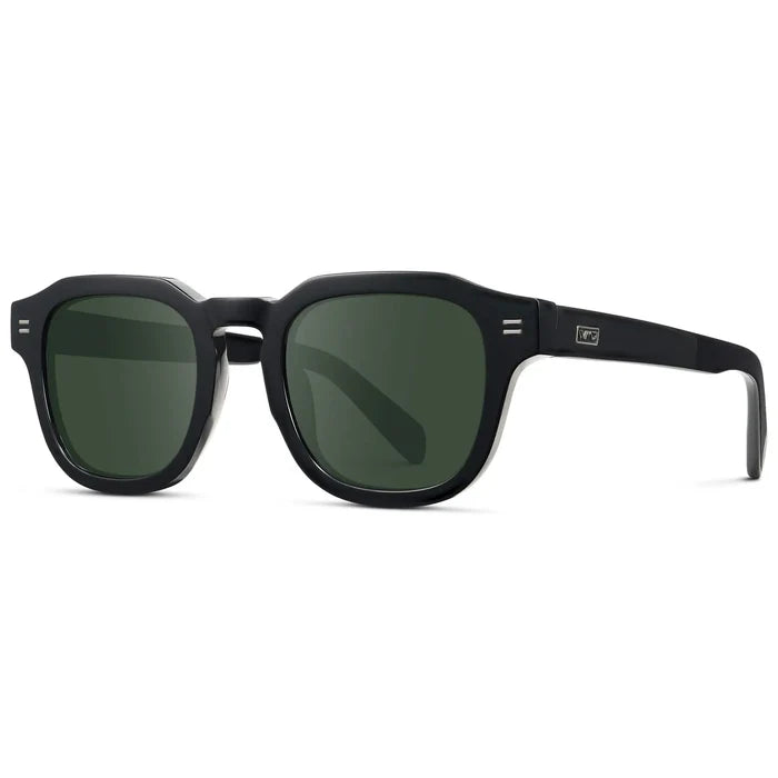 Black / G15 || Side view of Men's Square Prescription Eyeglasses with Black Acetate Frame and Green Prescription Lens