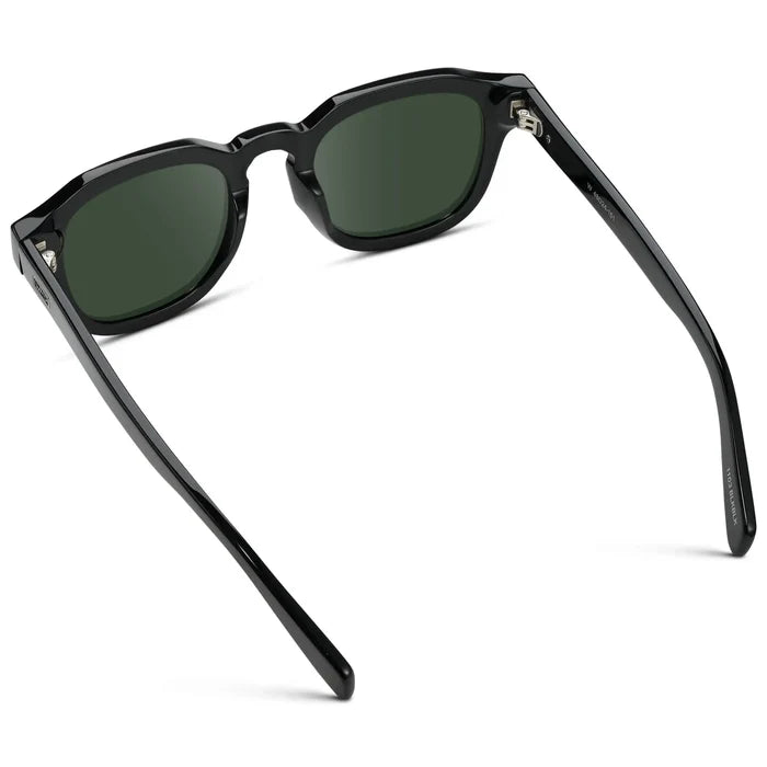 Black / G15 || Back view of Men's Square Prescription Eyeglasses with Black Acetate Frame and Green Prescription Lens