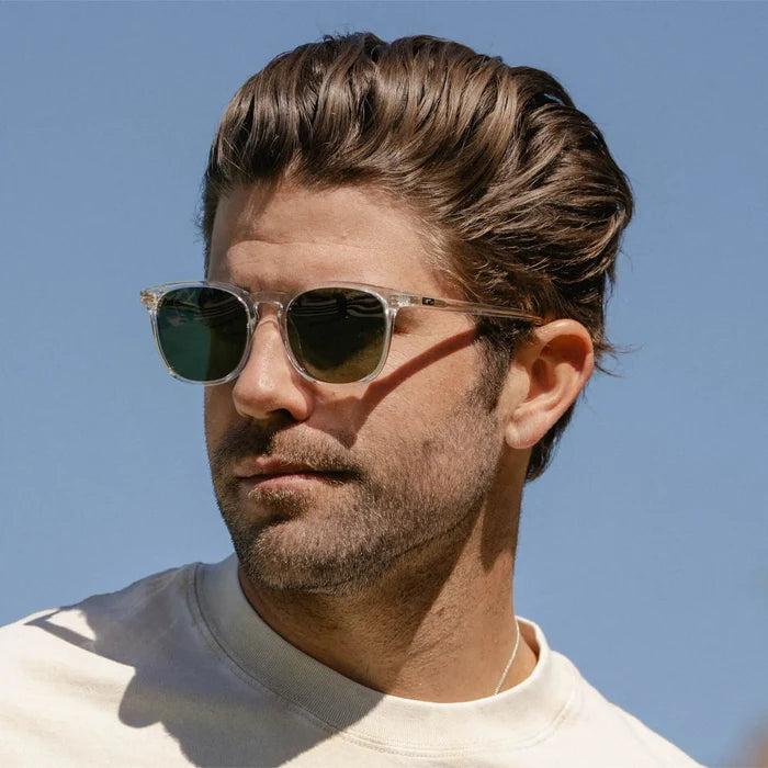 Clear / Smoke Green Lens || Men's Clear Square Frame Sunglasses with Green Polarized Lenses
