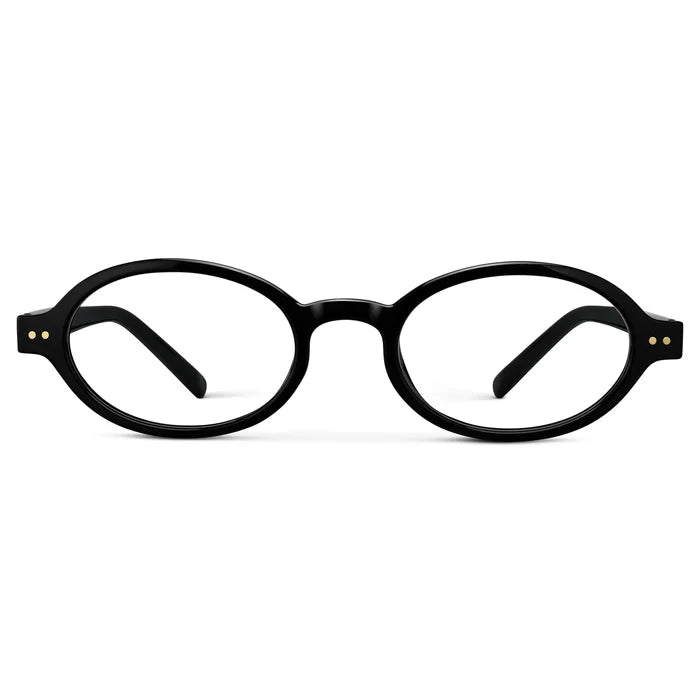 Black || Women's Slim Oval Prescription Glasses with Black Frame and Clear Lens on a white background