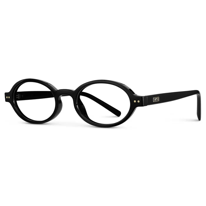 Black || Side view of Women's Slim Oval Prescription Glasses with Black Frame and Clear Lens on a white background