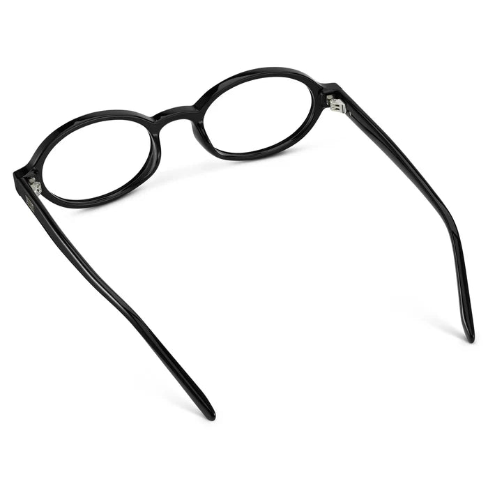 Black || Back view of Women's Slim Oval Prescription Glasses with Black Frame and Clear Lens on a white background