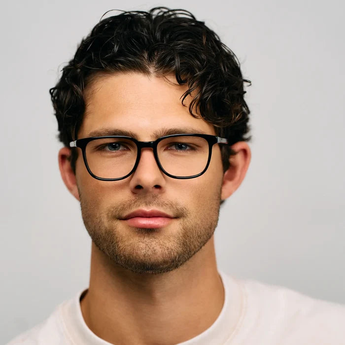 Black || Male Model wearing Unisex Oversized Rectangular Blue Light Blocking Glasses with Black Acetate Frame and Clear Lens
