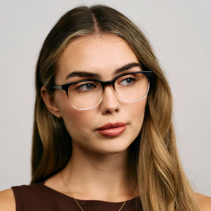 Bourbon Brown || Female Model wearing Unisex Oversized Rectangular Blue Light Blocking Glasses with Dual-Tone Bourbon Brown Acetate Frame and Clear Lens