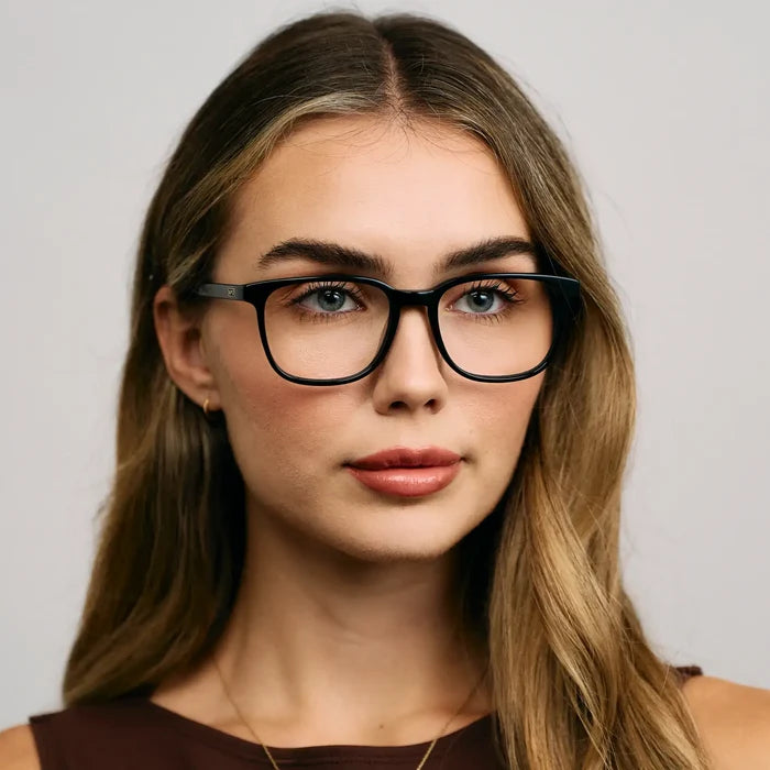 Black || Model wearing Unisex Oversized Rectangular Prescription Eyeglasses with Black Acetate Frame and Clear Lens