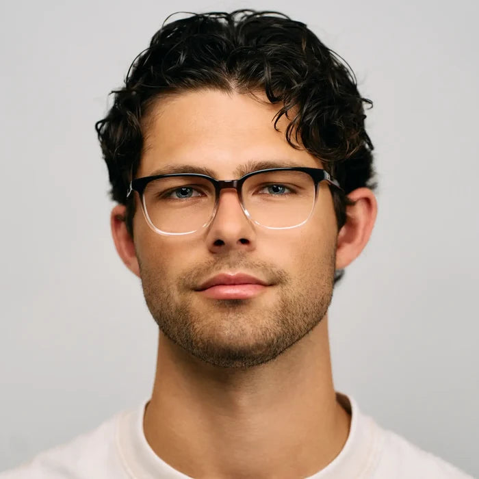 Bourbon Brown || Model wearing Unisex Oversized Rectangular Prescription Eyeglasses with Dual-Tone Bourbon Brown Acetate Frame and Clear Lens
